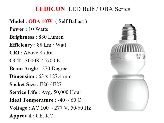 LED Bulb OBA series /OBA 10W, 10W, 880 Lm - LEDICON - Gamako